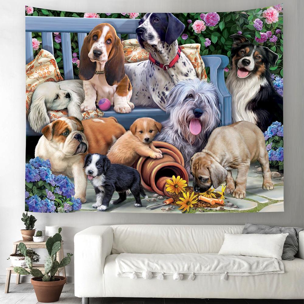 Cartoon Dog Tapestry Kawaii Puppy Wall Hanging Cloth Cute Pet Animal Home Bedroom Living Room Decorative Wall Rug Tapestry