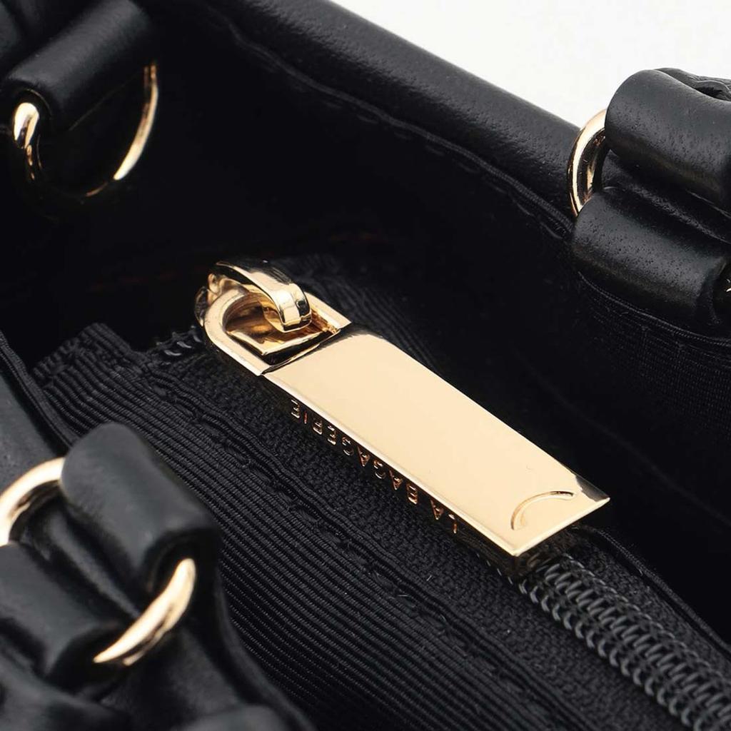 Labagagerie Sheep Leather Gathered Handle 2-Way Round Tote Bag B008401 Black (10)