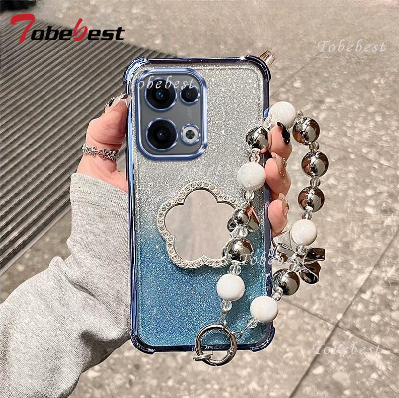 Glitter Shockproof Plating Flower Mirror Bracelet Case for OPPO Reno 13 13F 14 14F 12 12F 11 11F 10 Pro Plus Silicone Cover