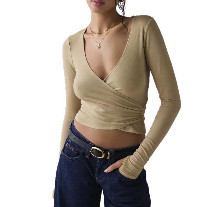 Women Cross Wrap Waist Cinching V Neck Long Sleeve Slim Fit T Shirt