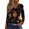 Women's Casual Long Sleeve V-Neck T-Shirt with Halloween Print and Decorative Buttons