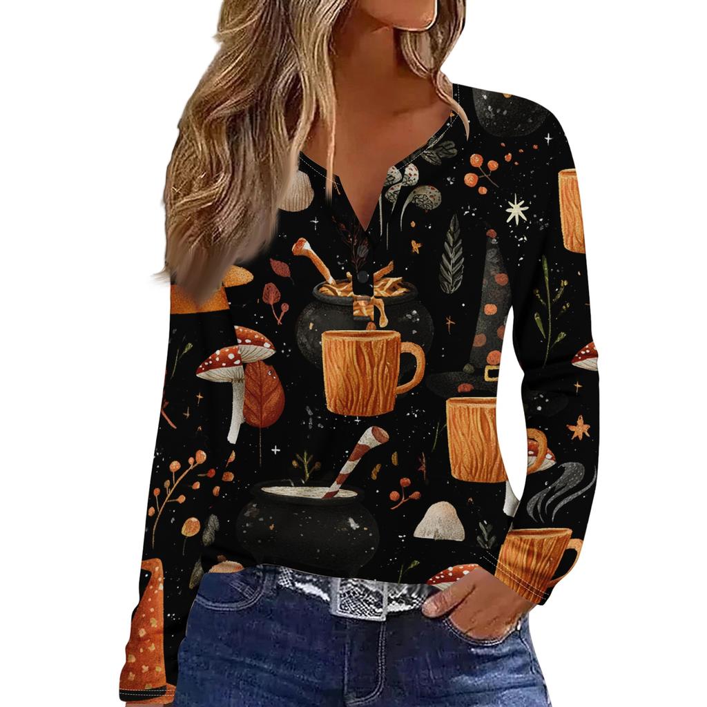 Women's Casual Long Sleeve V-Neck T-Shirt with Halloween Print and Decorative Buttons