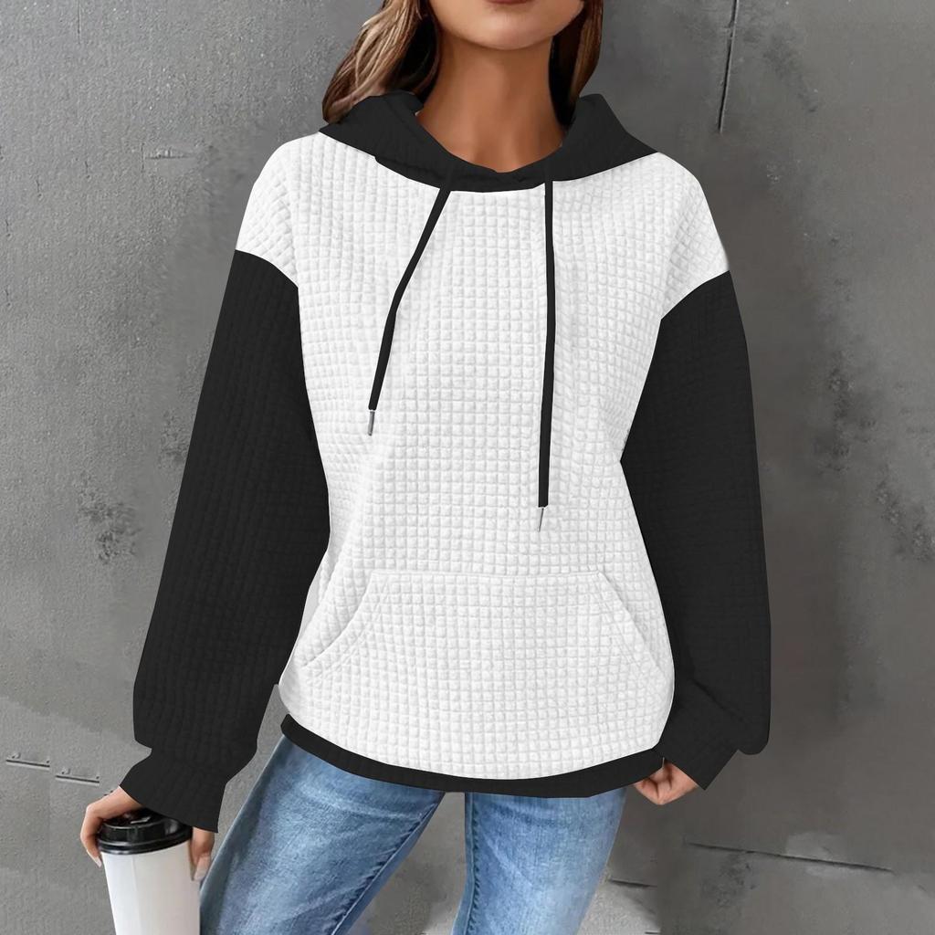 Top a manica lunga con cappuccio, stile casual, a blocchi di colore, a quadri, con coulisse e tasca