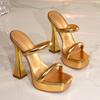 Elegant Gold Double Strap Chunky Heel Sandals - Waterproof Square Toe High Heel for Summer Wear