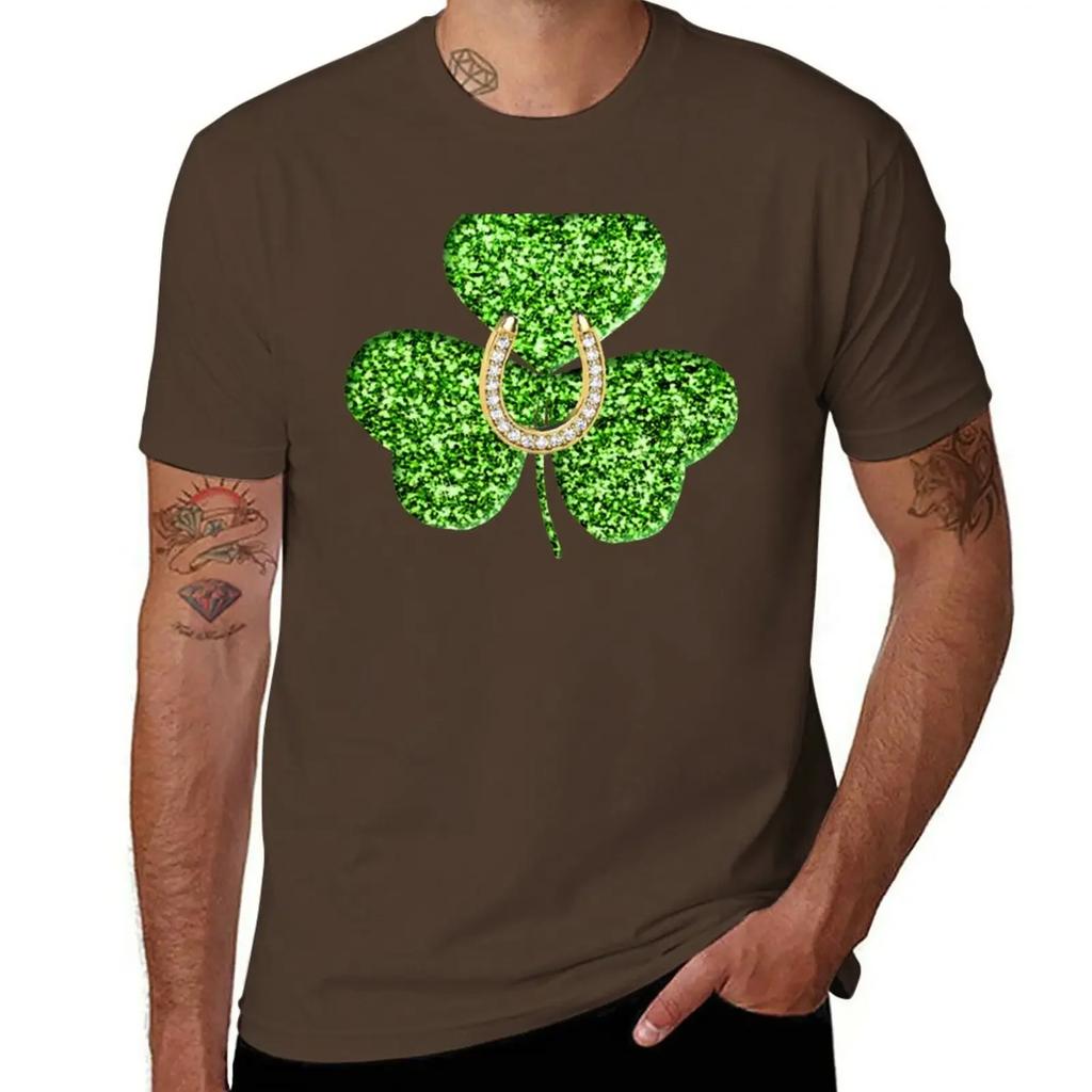 Faux Green Glitter Shamrock With A Horseshoe T-Shirt Aesthetic clothing cute tops black t-shirts for men