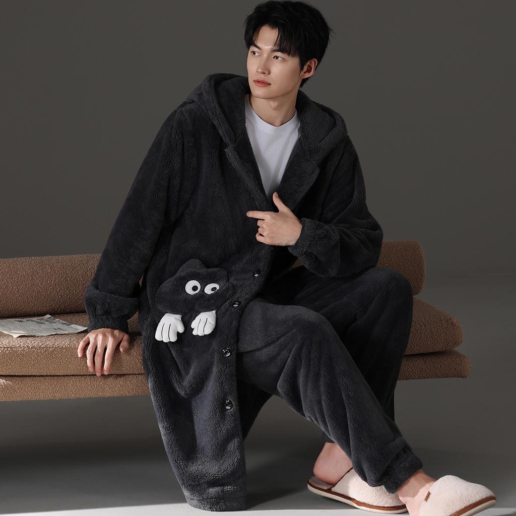 Teen men's pajamas autumn and winter 1011 new plush nightgown coral fleece thickened two-piece set loungewear