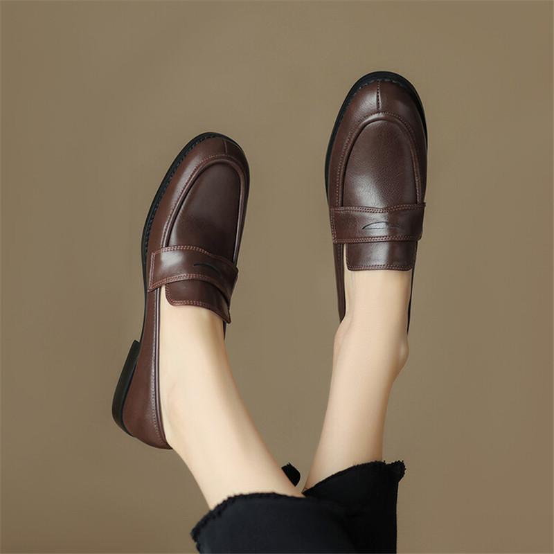 Fashion New Spring Split Leather Loafers Woman Shoes Chunky Heel Round Toe Shoes for Women Ladies Shoes Casual Low Heel Women Pumps