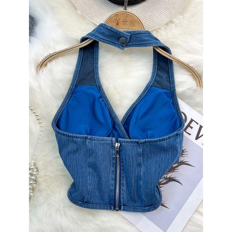 off-Shoulder Zipper V Neck Denim Silm Halter Spaghetti Straps