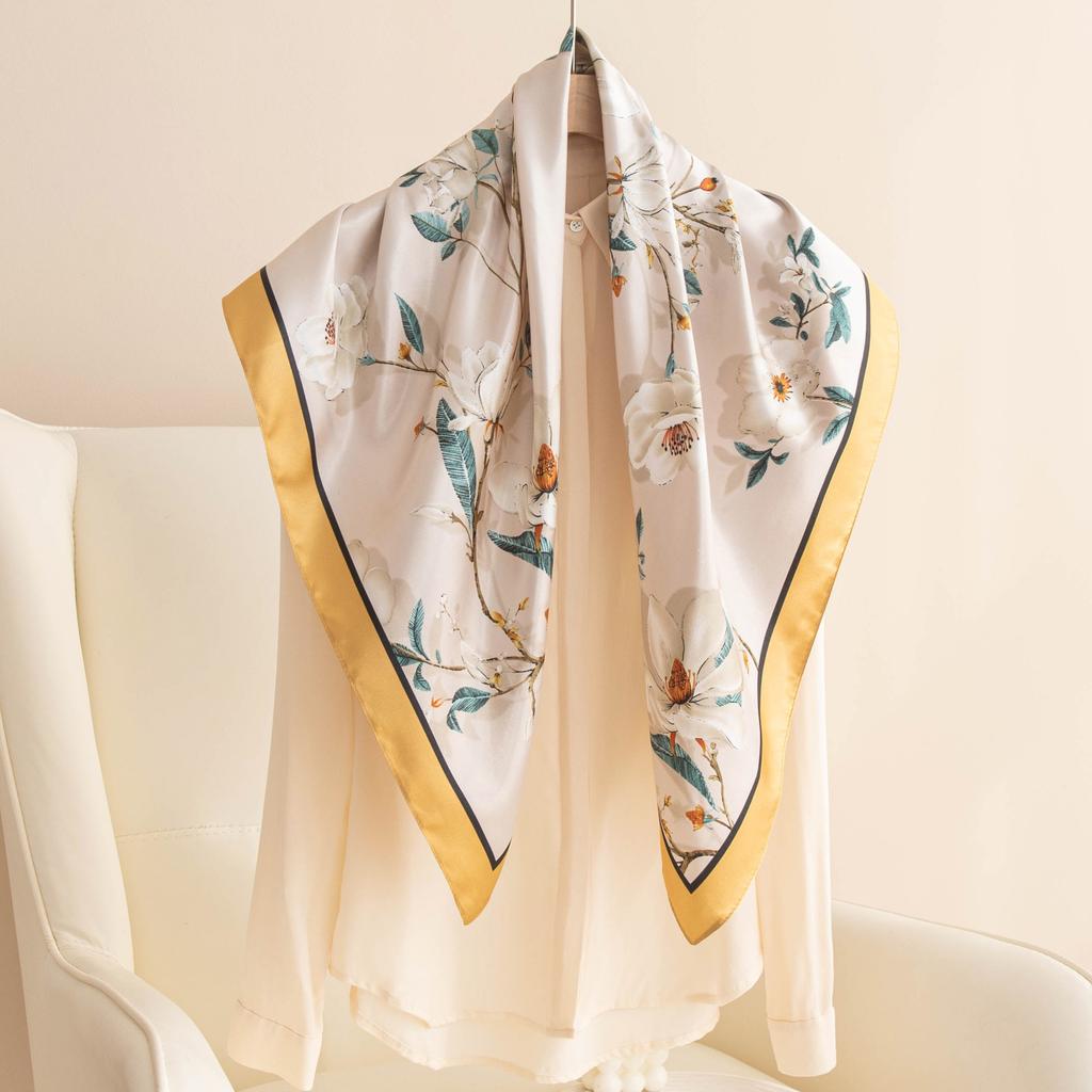 Silk Scarf Square Scarf High-end Spring and Summer New Fashion Printed Scarf Women's 90cm Small Flower Branch Shawl Gift Box