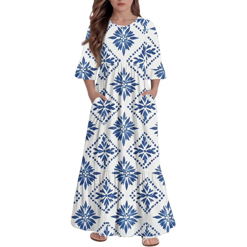 Girls' Tiered Ruffle Dress - 3/4 Sleeve Pocket Maxi With Pockets