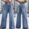 Autumn New Style Slit Denim Trousers, High-waisted Retro Button Denim Wide-leg Pants for Women
