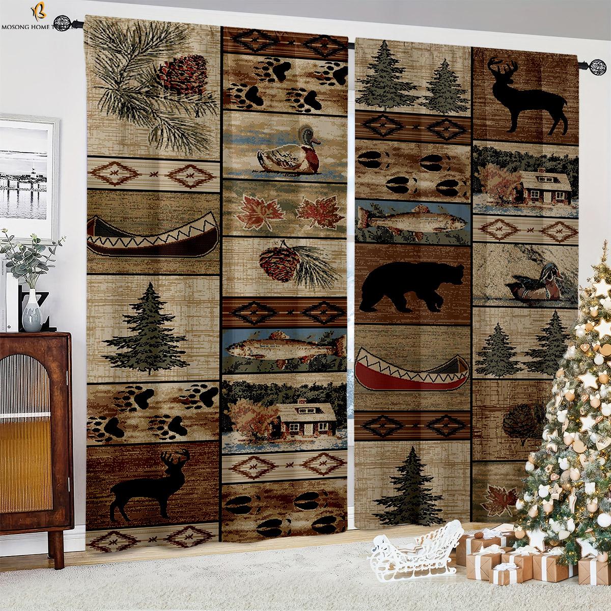 

Декоративные занавески в стиле ретро-кантри на Рождество с узором из дерева для спальни, столовой, праздничной вечеринки, 2 шт. W100xH220(CM)x2PCS&Rod pocket