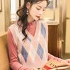 Sleeveless Pullover England Vintage Geometric Rhombic V Neck Knitted Sweater Vest Knitwear Lady Waistcoat Tops Women