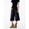 Black of Exit American Retro Washed Denim Shorts Unisex A-Line Loose Fit Cropped Pants Trendy