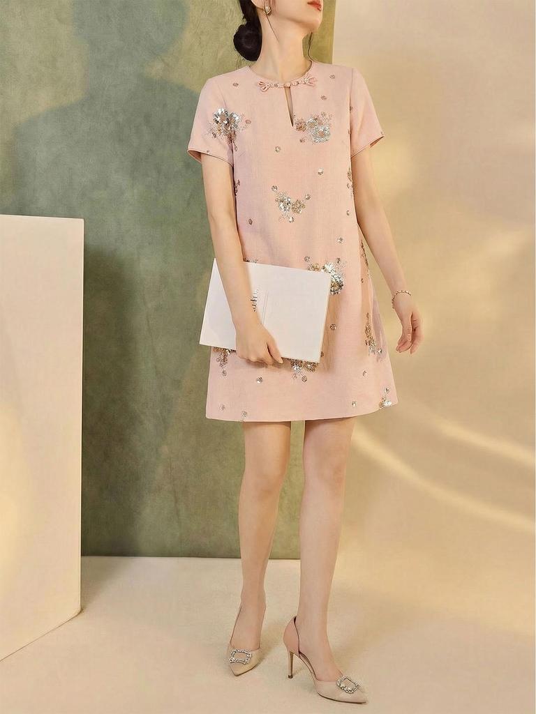 Chinese National Style Embroidered Summer Dress with Beading In Floral A-line Design