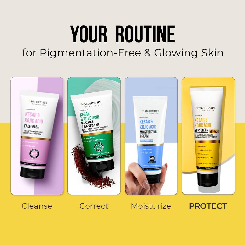 DR. Sheth's Kesar & Kojic Acid Sonnenschutz LSF 50+ Pa++++ Leicht Nicht Fettend 125 g Für Alle Hauttypen