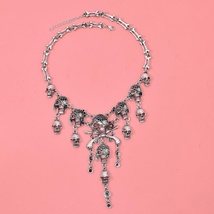 Halloween Pirate Skull Necklace Skeleton Pendant Bones Chain Choker Jewelry Gift