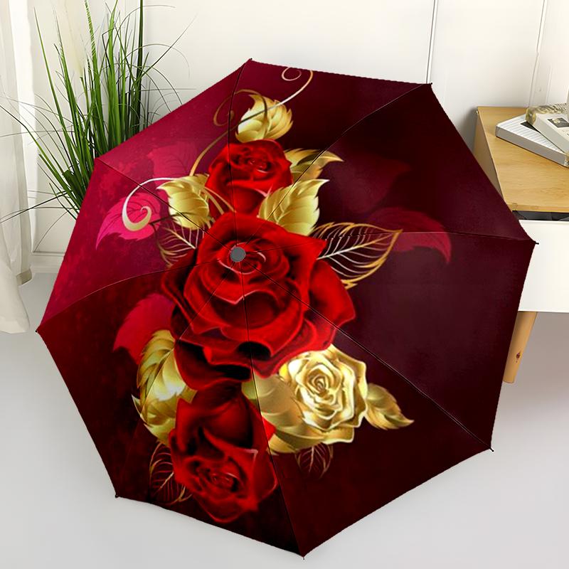 1PC Note Gold Red Roses Folding Umbrella Auto-Open Design 8 Iron Ribs Plastic Handle Foldable Sunshade Perfect Christmas Gifts