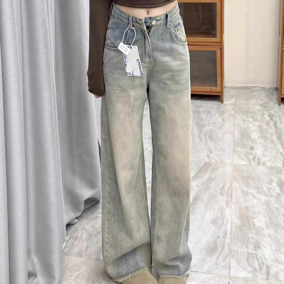

Джинсы женские деним осенние ностальгический синий свободный дизайн чувство шерстяной кромки с высокой талией узкие прямые широкие брюки 4XL