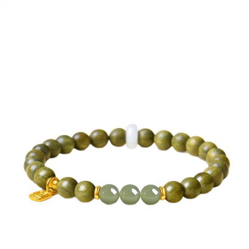 Natural Green Sandalwood Bead Bracelet With Hetian Jade 6mm Round Womens Unisex Wooden Prayer Beads Handcrafted