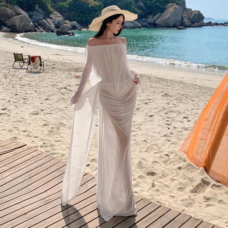 Sexy Vacation Streamer Pleats White One-shoulder Bandeau See-through Dress Fairy Dress