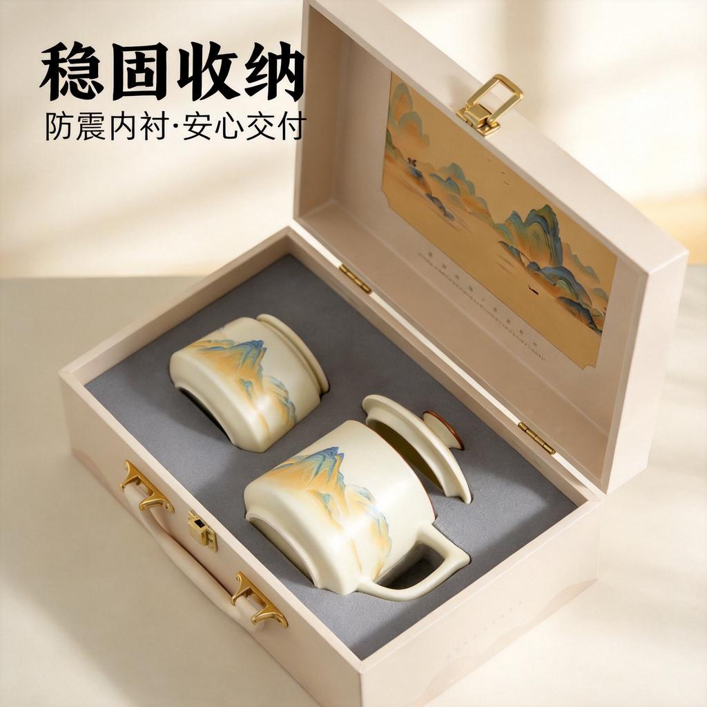 Ru Kiln Ceramic Tea Cup Gift Box with Lid Office Cup Thousand Miles Jiangshan New Chinese Mug Business Souvenir