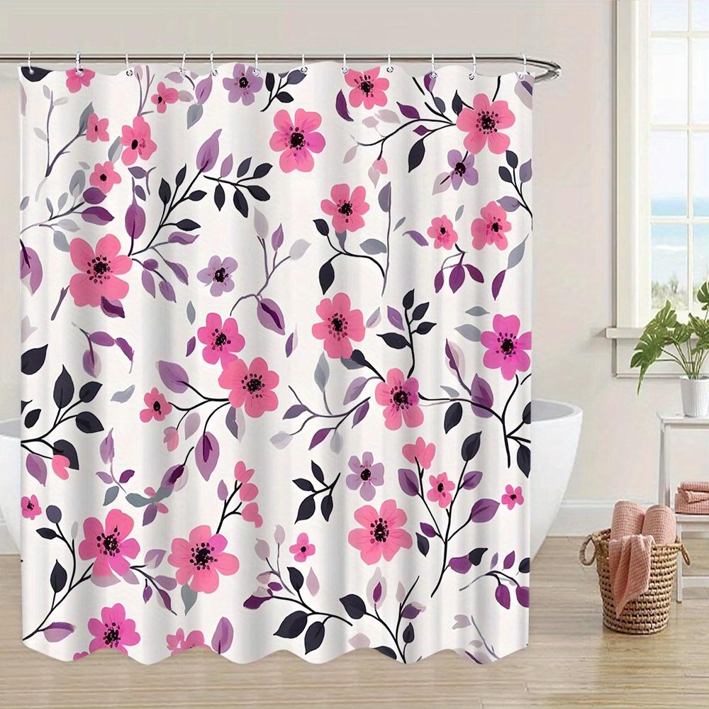 1 Pink Purple Floral Shower Curtain - Digital Seamless Modern Design, Dark Center Flowers and Curved Stems, Polyester Fabric