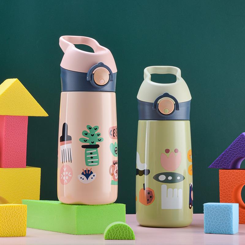 Children's Stainless Steel Insulated Straw Cup - Cute Cartoon Design for Kindergarten and Student Use