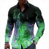 Mens 3d Flame Print Long Sleeve Casual Fashion Hawaiian Shirt