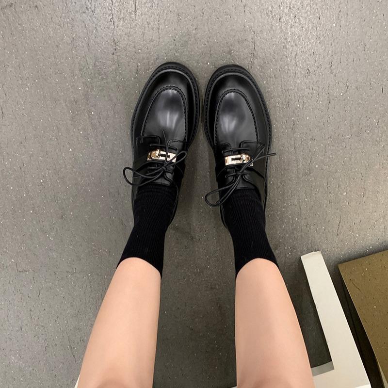 Spot second hair! Fashion versatile new Korean version round head lock leather lace-up thick heel loafers women's small leather shoes