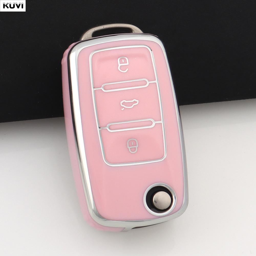 Étui de Protection pour Clé de Voiture en TPU Rose Sac de Protection pour Clé pour 2 3 Boutons VW Volkswagen Polo Tiguan Passat Golf Jetta Lavida Skoda Octavia