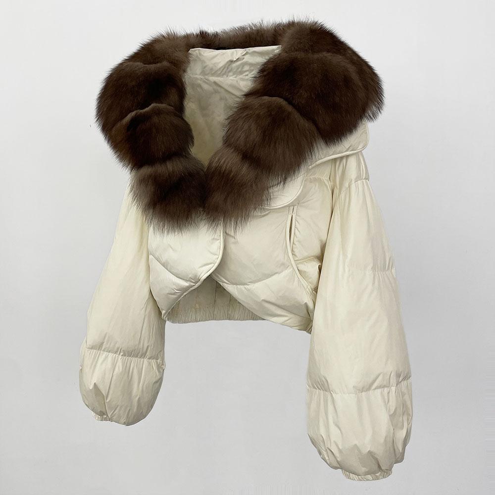 OFTBUY Jachetă de lux îngroșată și caldă de puf, la modă de iarnă, 90% puf de rață alb, haină scurtă pentru femei, cu guler de blană supradimensionat