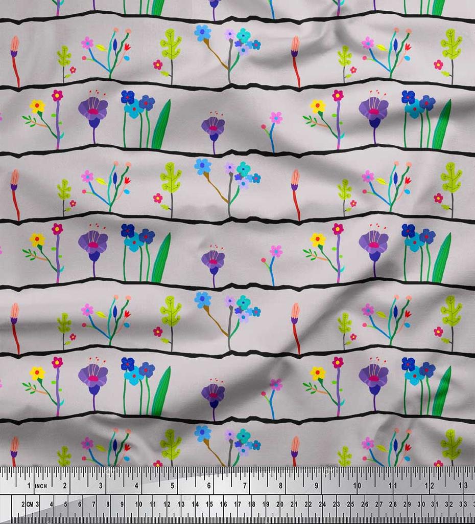 Soimoi Gray Japan Crepe Satin Fabric Artistic Leaf & Floral Fabric Prints By Metre 42 Inch