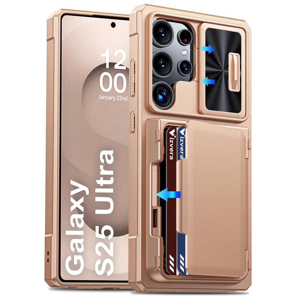 RFID Blocking Wallet Phone Case Slide Camera Cover Military Shockproof PC TPU Protective Cover for Samsung Galaxy S25 Ultra-Black