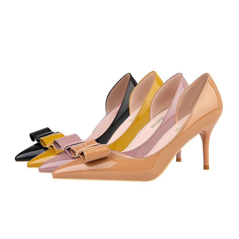 Fashion thin heel high heel patent leather pointed tip hollowed out thin bow high heels single shoes women