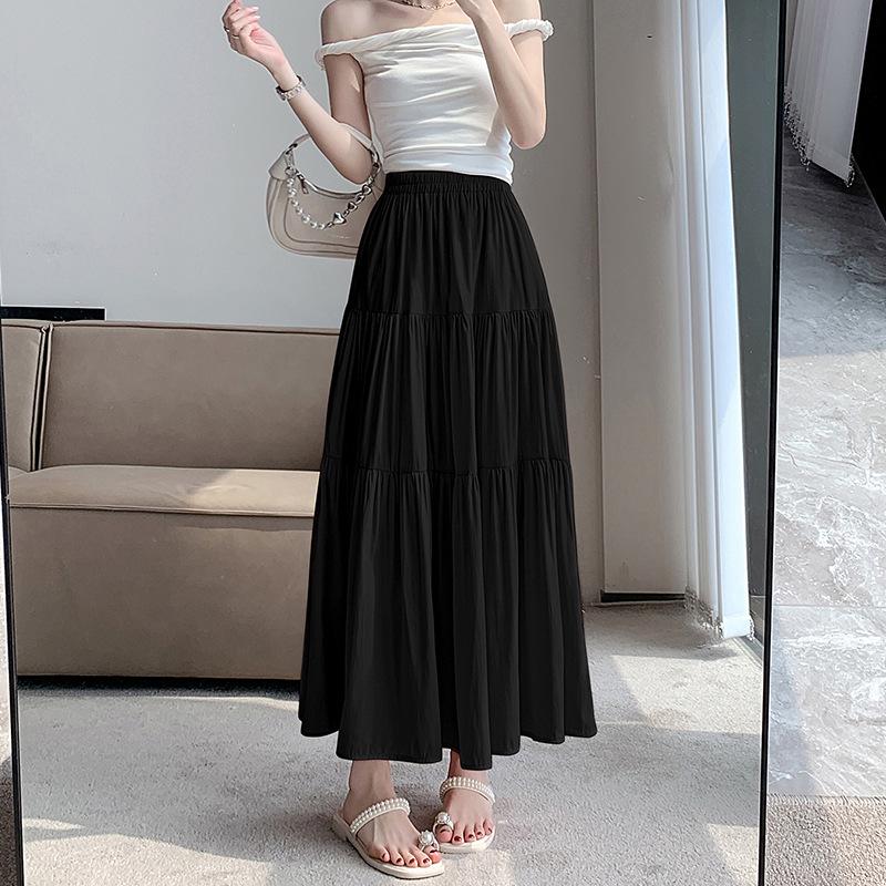 Women s 2026 White High Waist A-line Midi Skirt - Spliced, Slimming, Versatile, Casual S чёрный
