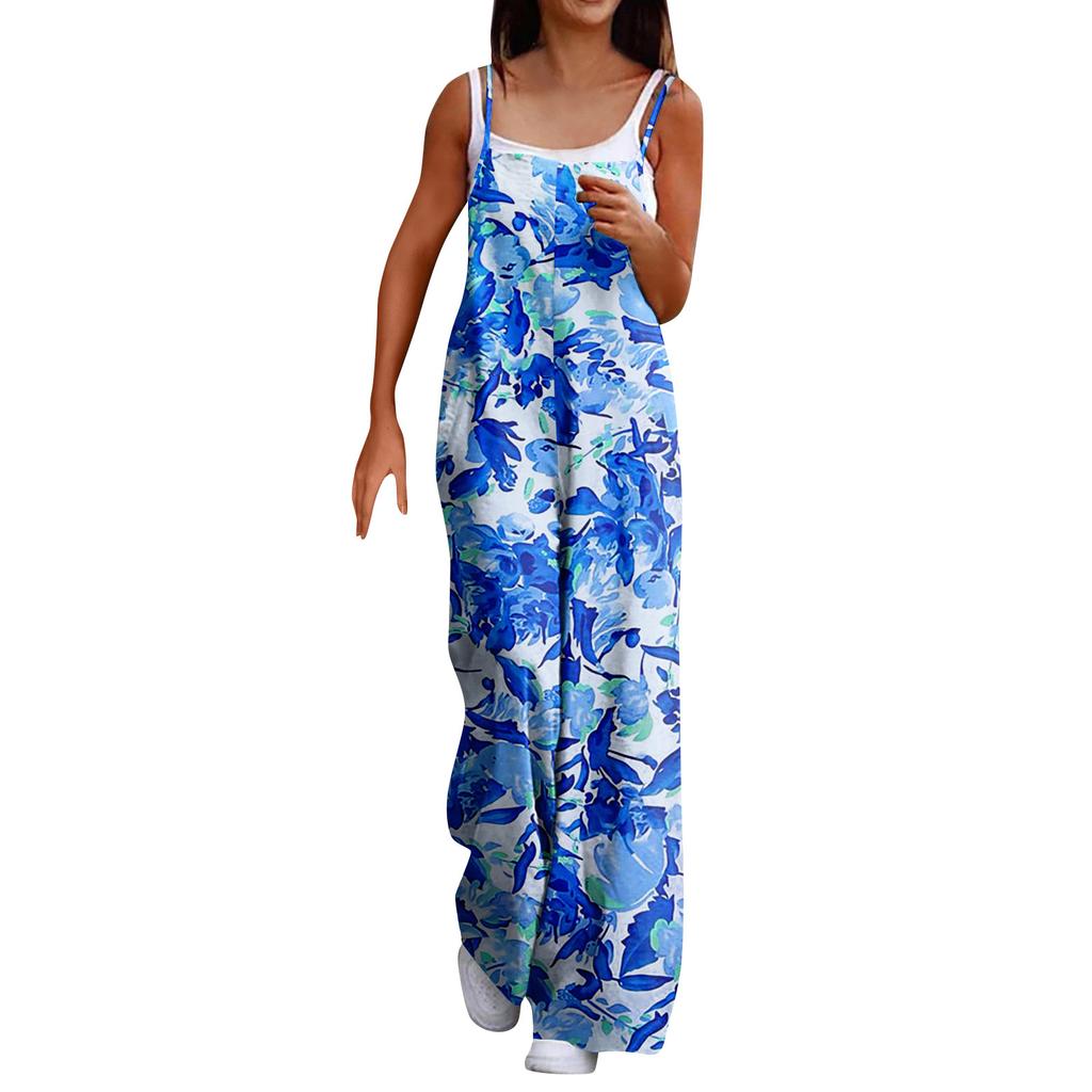 Wide Leg Overalls For Women Casual Loose Sleeveless Print Button Long Pant Romper Jumpsuit With Pockets