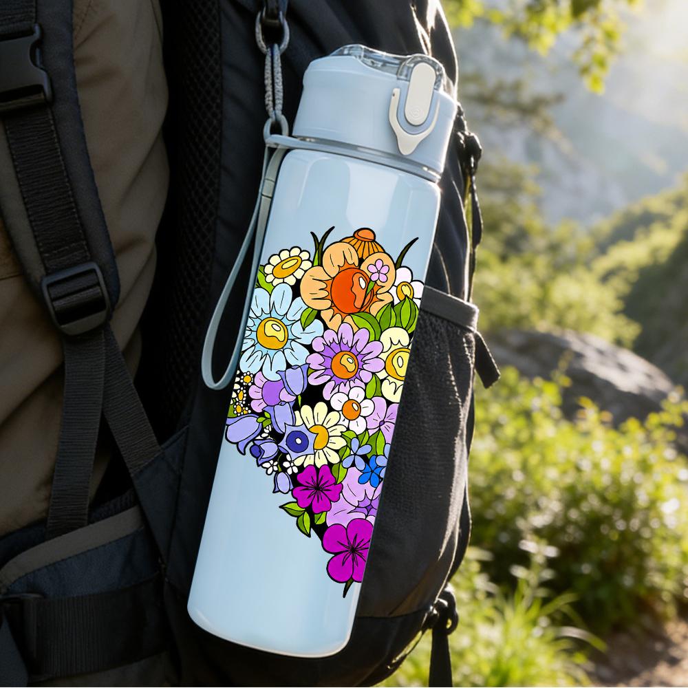 1PC Full Floral Filled Love Heart 750ml Color Plastic Sports Water Bottle Leakproof Flip Straw Lid Suitable for Sports Office Home Use