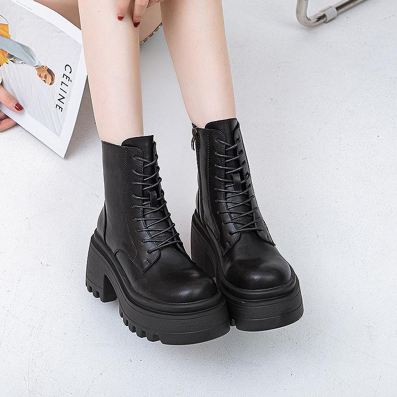 Retro Martin Stiefel Herbst und Winter neu 2025 Damen Lederstiefel einfarbig schlichte Mode dicksohlige mittelhohe Stiefel runde Spitze Lederstiefel