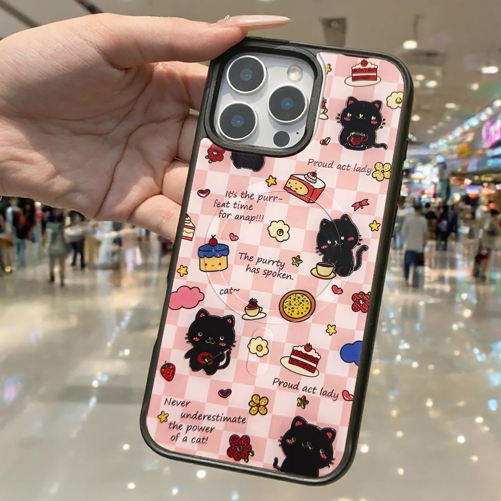 For iPhone 16 Pro Magnetic Case TPU PC Phone Cover with Detachable Happy Black Cat Backplate