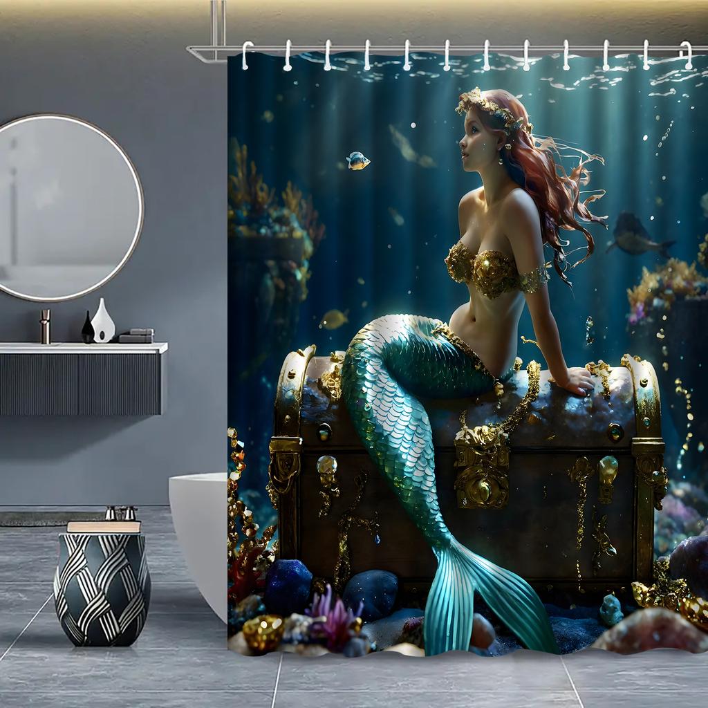 Rideau de douche Sirène Coffre au trésor sous-marin Décor Océan Fantastique Art Sirène Dorée Ensemble de rideaux de bain étanches Maison