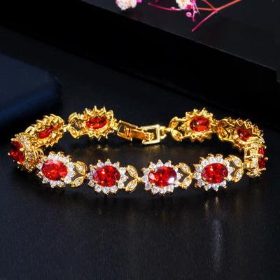 Braccialetti tennis con fiore in zirconi cubici di forma ovale di colore dorato di lusso 585 WWJ