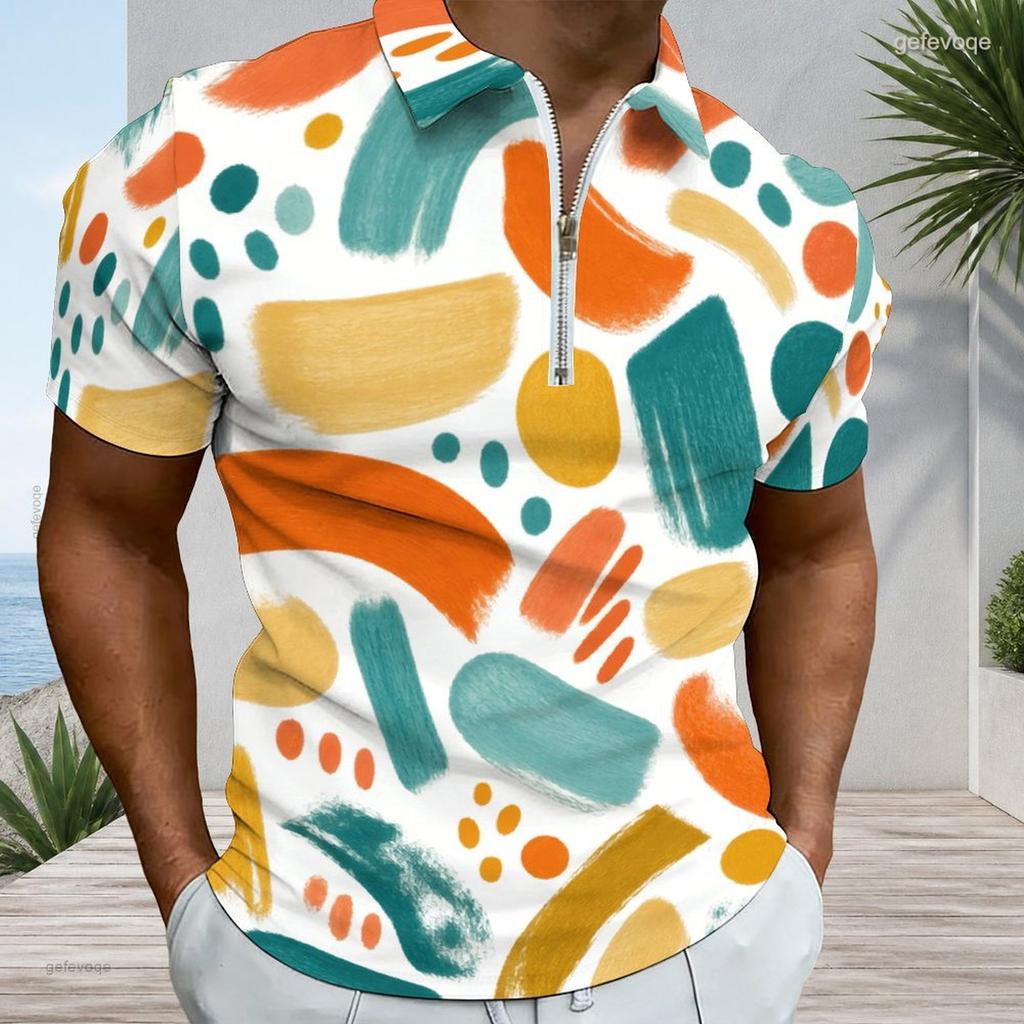 Mens Plus Size Short Sleeve Collared Quarter Zip Printed Polo Shirt White Navy Gold