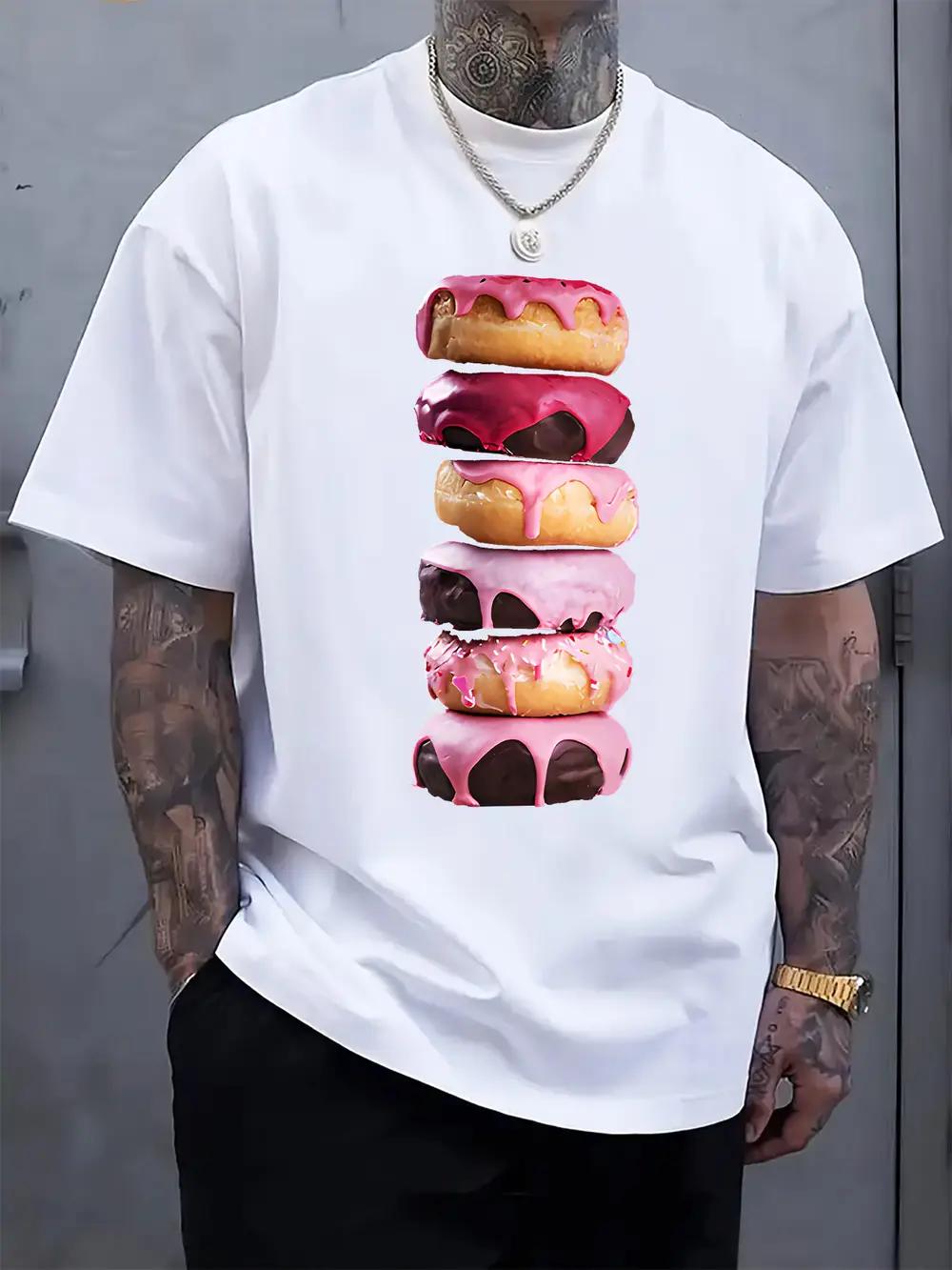 Black T-shirt with Stack of Donuts Print - Casual Crew Neck XXXL