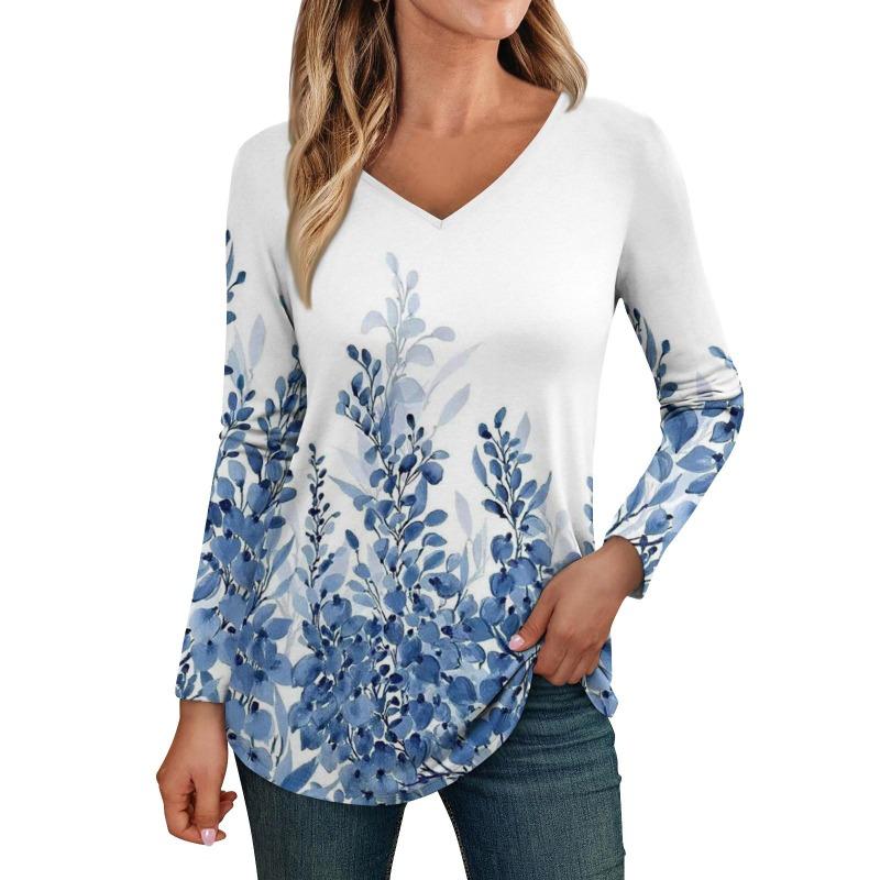 

Женские топы с длинным рукавом, рубашки с V-образным вырезом, повседневные футболки с цветочным принтом, базовые модные футболки, блузки, осенние туники, облегающие футболки для женщин 6XL небесно-голубой