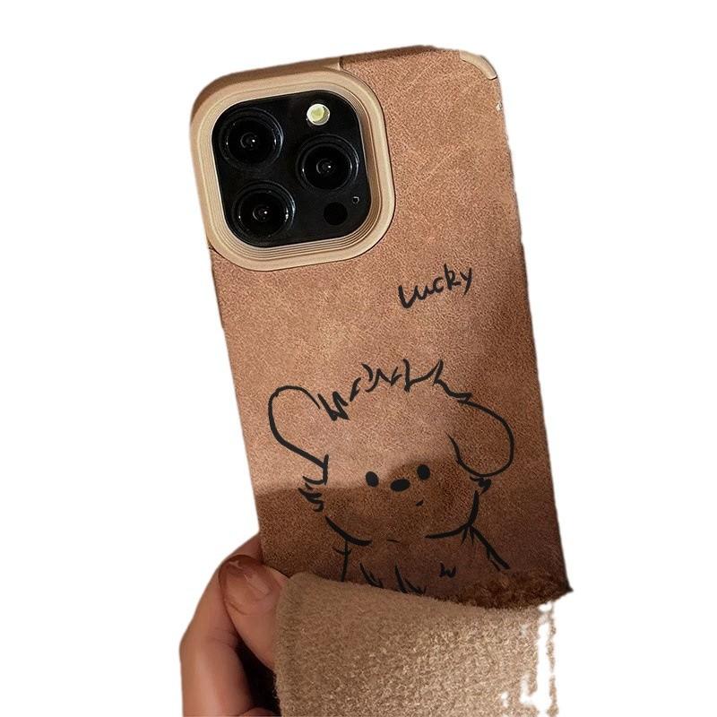 Brown Leather Cute Puppy for Apple 16promax Mobile Phone Case New Model for IPhone13pro Female 15/14