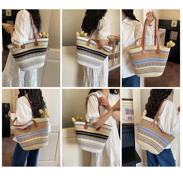 Gestreifte Stroh-Tote-Bag mit großer Kapazität Damen-Handtasche