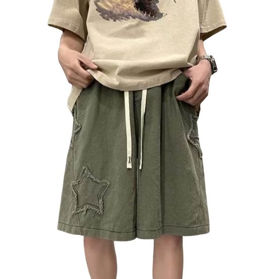 Men Denim Shorts Elastic Waist Adjustable Drawstring Oversized Wide Leg Short Jeans Washed Knee-length Shorts with Tassel Edge Star Patch