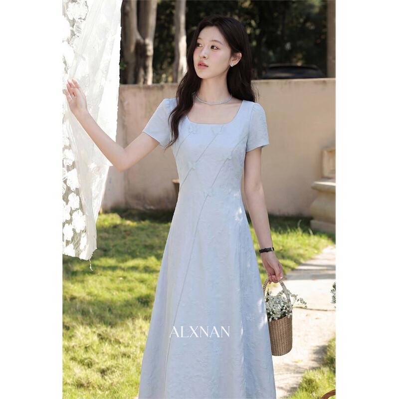 Luxiangnan Women's French Style Blue Summer Dress