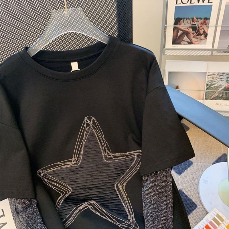 Harajuku Women Clothing Chic Tshirts Patchwork Fake Two Tees Y2k Tops Star Long Sleeve Casual Korean Oversized T-shirt